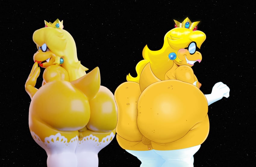 absurd_res adri164 ass balls big_ass big_butt blonde_hair bubble_butt clothing cosplay crown ear_piercing eyewear femboy genitals girly gloves hair handwear headgear hi_res inimus kamek koopa legwear makeup male mario_(series) nintendo penis piercing princess_kamek princess_peach_(cosplay) scalie sharp_teeth small_balls small_penis smile solo stockings super_mario_bros._(2023_film) teeth wide_hips yellow_body