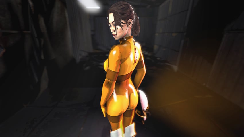 3d 3d_(artwork) ass chell jumpsuit juxtasuperposition looking_at_viewer looking_over_shoulder portal_(series) portal_2 skin_tight solo solo_focus source_filmmaker