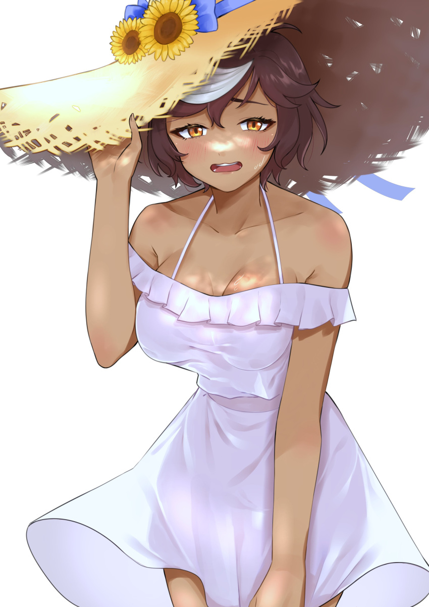 1girls big_breasts blush blush_lines blushing_at_viewer breasts brown_hair brown_skin dark-skinned_female dress dress_only female female_focus female_only flower flower_on_hat hat headwear indie_virtual_youtuber large_breasts looking_at_viewer multicolored_hair not_seijikun simple_background slim_waist solo umari_tomoe virtual_youtuber vtuber white_background white_dress white_hair wide_hips yellow_eyes yellow_flower