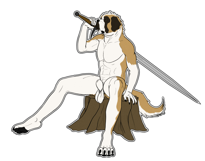 abs anatomically_correct anatomically_correct_genitalia animal_genitalia anthro ball_slip balls balls_under_skirt claws claymore_(sword) genitals hi_res male melee_weapon muscular nude pawpads paws pecs penis rebeldragon101 saggy_balls sheath solo sword weapon wrinkles wrinkly_face