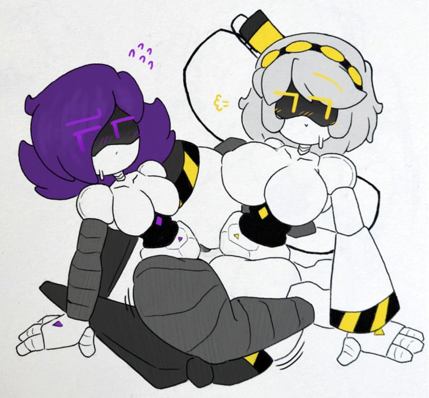 2girls b5kbao7oagzbnlf_(artist) big_breasts big_thighs blush drone female_only gray_hair lesbian looking_to_the_side multiple_girls murder_drones purple_eyes purple_hair robot robot_girl scissoring small_breasts sweatdrop tagme thick_thighs tribadism uzi_(murder_drones) v_(murder_drones) vuzi white_body yellow_eyes yuri