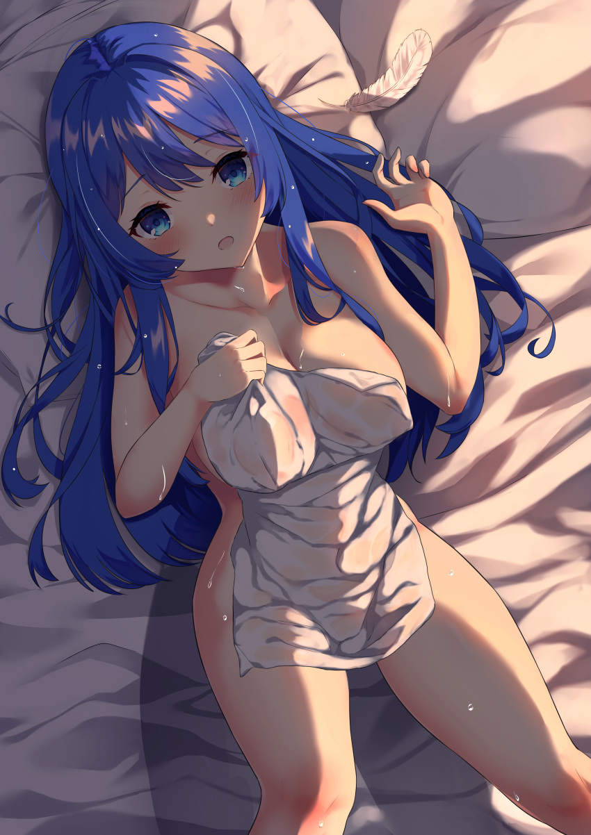 1girls absurdres ambasa bare_shoulders bed blue_eyes blue_hair blush breasts caeda_(fire_emblem) cleavage collarbone commentary_request commission completely_nude covering covering_breasts feet_out_of_frame female female female_only fire_emblem fire_emblem:_mystery_of_the_emblem fire_emblem:_shadow_dragon_and_the_blade_of_light highres large_breasts long_hair lying naked_towel nintendo nude nude_female on_back on_bed open_mouth pillow see-through shoulders skeb_commission small_towel solo towel very_long_hair wet