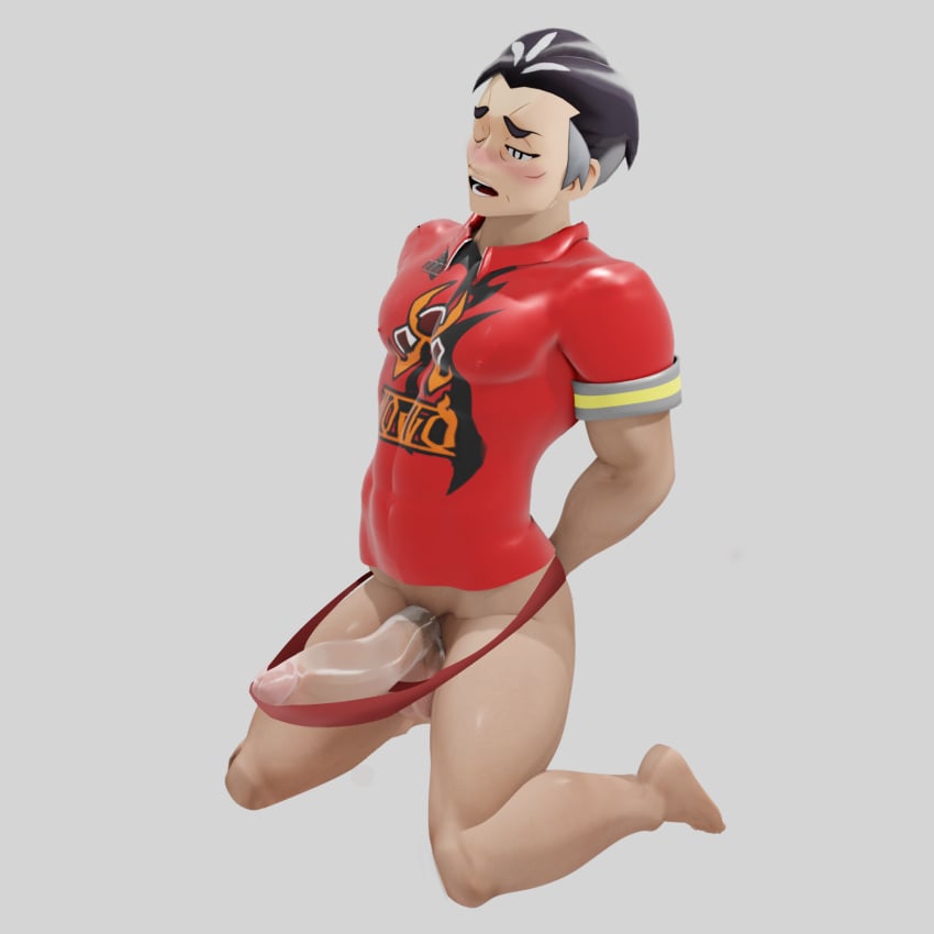 bulge_through_clothing game_freak gray_hair half-dressed kabu_(pokemon) male male_only male_thong muscular nintendo on_knees penis pokemon pokemon_ss solo thong