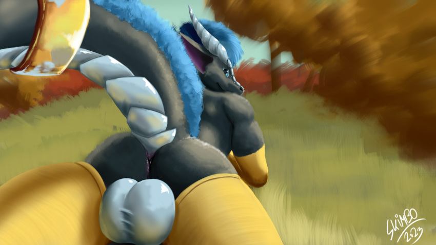 2023 anthro anus ass balls black_body black_fur blue_eyes blue_mane dragon fur genitals grass horn lying male mane on_front plant shen_(skimbodragon) signature skimbodragon solo tail tree