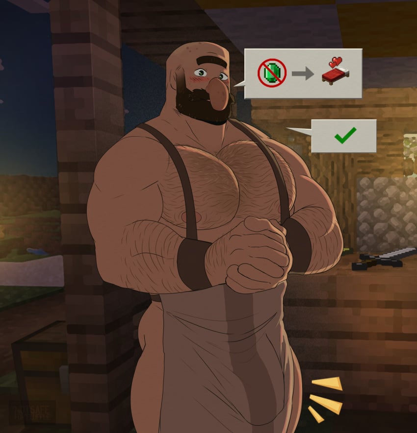 apron apron_only bald balls bara beard big_nose blush body_hair bulge chest_hair facial_hair flufflecraft male male_only minecraft muscles muscular penis solo solo_male tick_tock_meme villager_(minecraft)