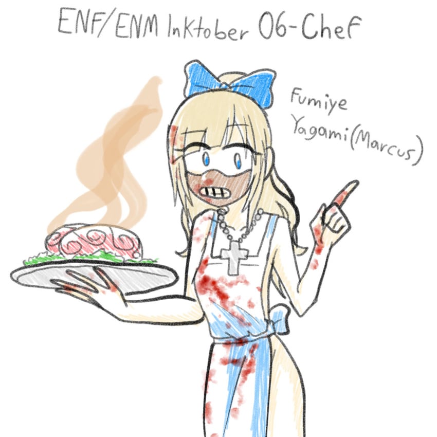 1girls blonde_hair blood_stain brain breasts chef female female_only fumiye_yagami_(marcus) inktober inktober_2021 knife long_hair marcus_(artist) marcus_(disambiguation) nairod103098 naked_apron solo