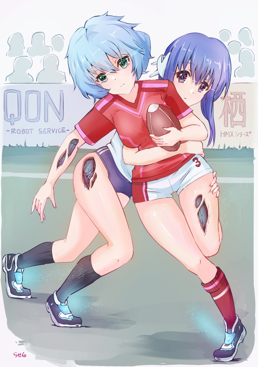 blue_eyes blue_hair extreme_hearts futuristic_shoes green_eyes ilfa_(to_heart) mechabare rasen_manga robot_ears robot_girl robot_humanoid robotic_arms robotic_legs robotic_reveal rugby rugby_uniform scratches short_hair spots to_heart_(series) to_heart_2 to_heart_2_another_days