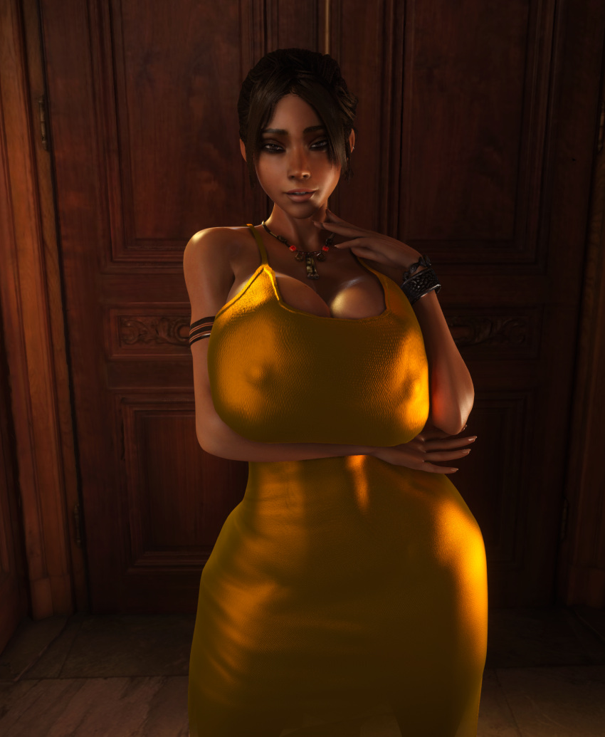 1girl 1girls 3d 3d_(artwork) alternate_ass_size alternate_breast_size breasts_bigger_than_head breasts_bigger_than_torso brown_hair capcom cleavage clothed clothed_female dress enormous_breasts female female_only fireplace gigantic_breasts gold_dress hand_on_hip hourglass_figure huge_ass huge_breasts human human_female human_only looking_at_viewer massive_breasts necklace nipples nipples_visible_through_clothing resident_evil resident_evil_5 rug sheva_alomar shiny_clothes skin_tight skindentation small_waist sofa table thighs thin_waist upper_body vaako wasp_waist wide_hips