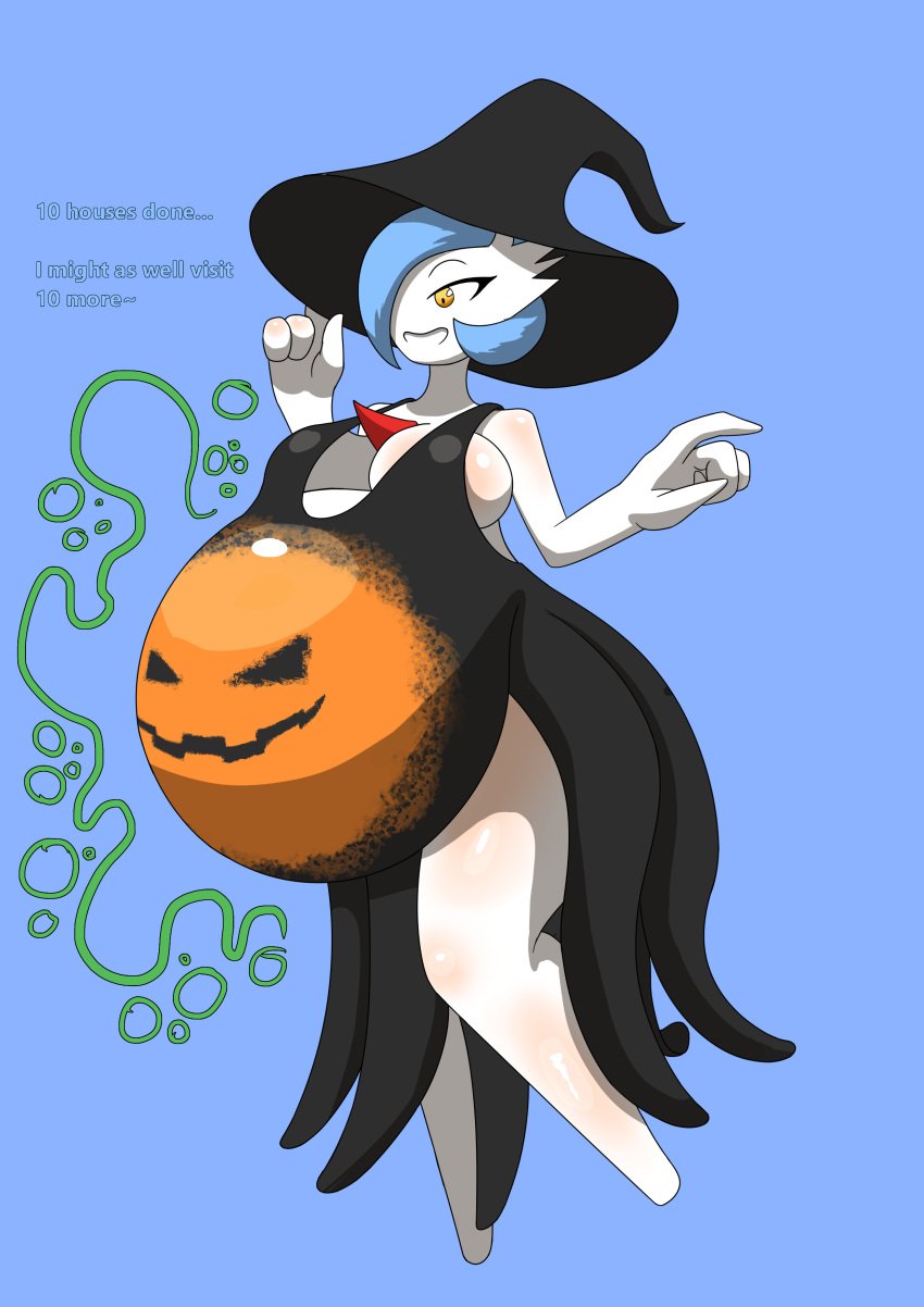 ambiguous_prey anthro anthro_female anthro_pred belly belly_bulge big_belly big_belly_bulge big_breasts breasts digestion digestion_noises exposed_legs fat fat_female female female_only gardevoir generation_3_pokemon halloween long_legs mega_evolution mega_gardevoir nintendo oral_vore pokemon pokemon_(species) shiny_pokemon soft_vore stuffing thick_thighs thighs vore vore_belly witch witch_costume witch_hat