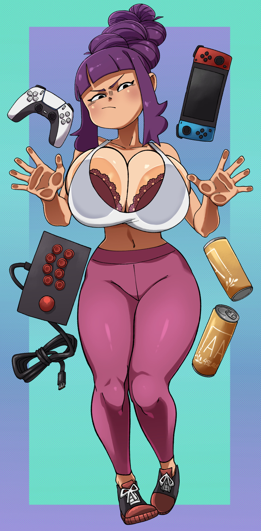 against_glass arcade_stick asian asian_latina beehive_hairdo beer beer_can blunt_bangs bra breast_press breasts clavicle cleavage command_grab female full_body joystick latina looking_at_viewer navel nintendo_switch nuclearwasabi pants playstation_controller purple_hair sidelocks skin_tight solo t-shirt thick_thighs yoga_pants