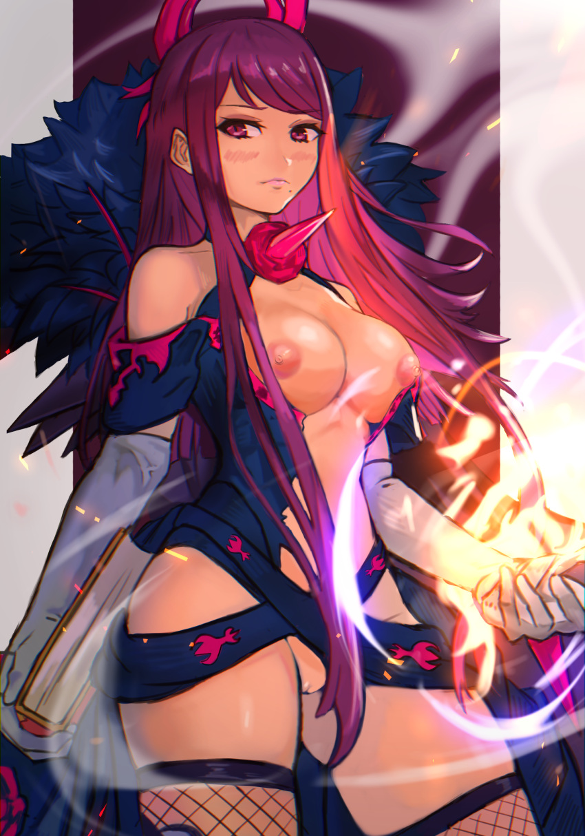 1girls bangs bare_midriff bare_shoulders bare_thighs beauty_mark book breasts breasts_out center_opening collarbone dress elbow_gloves exposed_pussy fire fire_emblem fire_emblem_engage fishnet_legwear fishnets gloves ivy_(fire_emblem) lipstick long_hair looking_at_viewer magic medium_breasts midriff mole mole_under_mouth nintendo nipples pelvic_curtain pink_lips pink_lipstick purple_eyes purple_hair pussy r123 shoulders skindentation thighhighs thighs torn_clothes very_long_hair