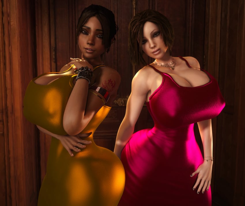 2girls 3d 3d_(artwork) alternate_ass_size alternate_breast_size breasts_bigger_than_head breasts_bigger_than_torso brown_hair bulletstorm capcom cleavage clothed clothed_female dress electronic_arts enormous_breasts epic_games female female_only fireplace gigantic_breasts hair_over_one_eye hand_behind_head hand_on_hip hourglass_figure huge_ass huge_breasts human human_female human_only looking_at_viewer massive_breasts multiple_females multiple_girls necklace people_can_fly red_dress resident_evil resident_evil_5 rug sheva_alomar shiny_clothes skin_tight skindentation small_waist sofa table thighs thin_waist trishka_novak upper_body vaako wasp_waist wide_hips