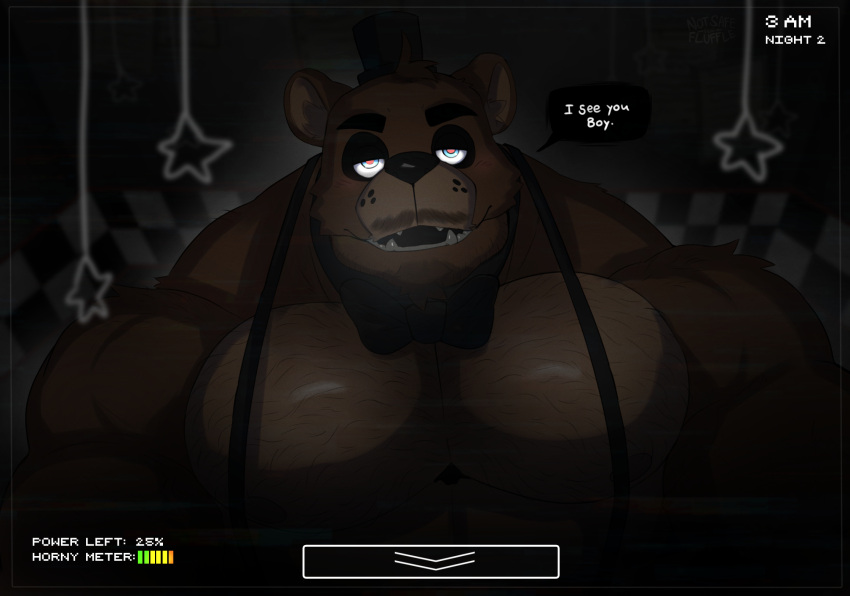 anthro bara barazoku bear body_hair facial_hair five_nights_at_freddy's flufflecraft freddy_(fnaf) furry gay male male_only muscles muscular solo solo_male speech_bubble ursid