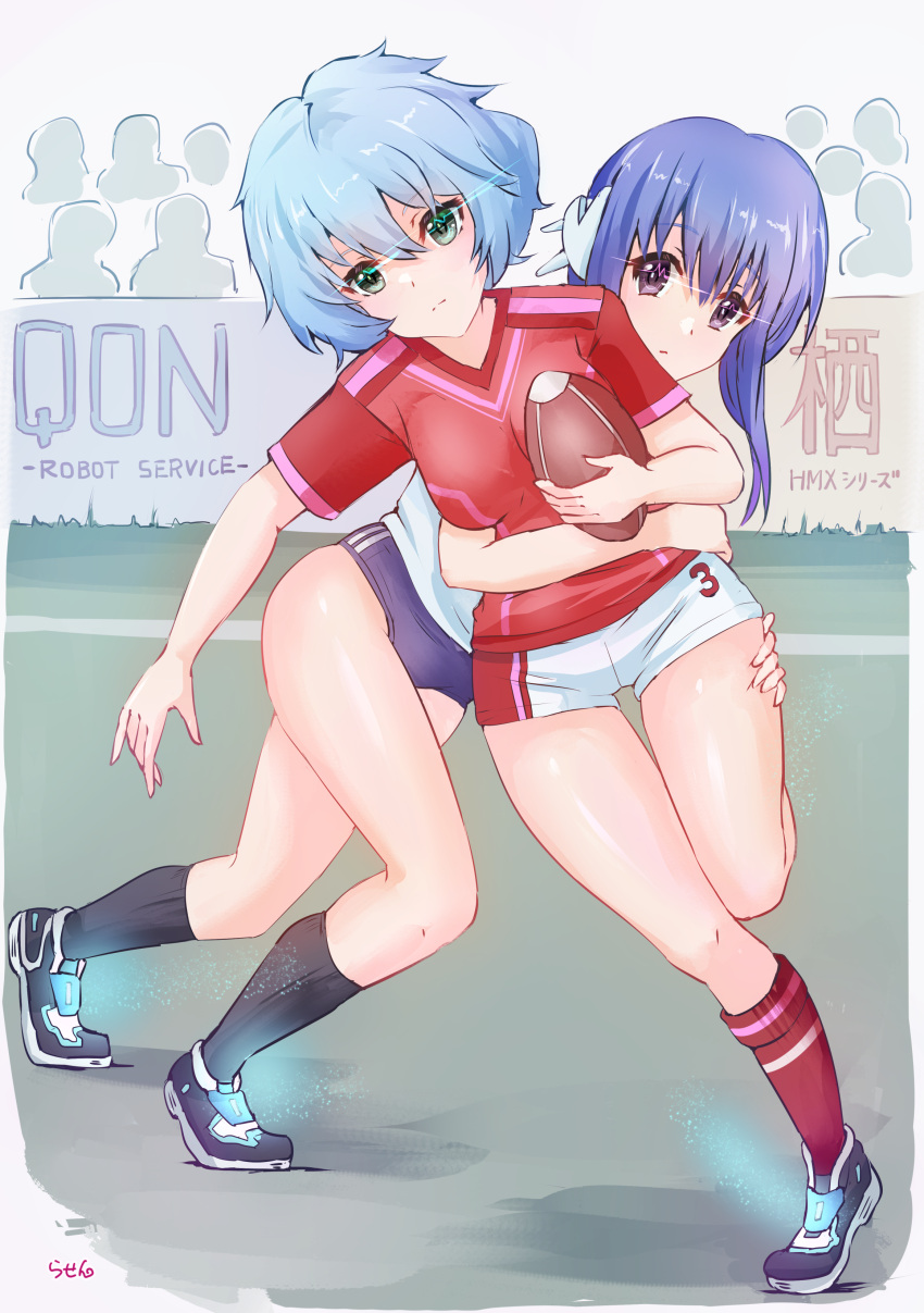 blue_eyes blue_hair extreme_hearts futuristic_shoes green_eyes ilfa_(to_heart) rasen_manga robot_ears robot_girl robot_humanoid robotic_arms robotic_legs robotic_reveal rugby rugby_uniform short_hair spots to_heart_(series) to_heart_2 to_heart_2_another_days