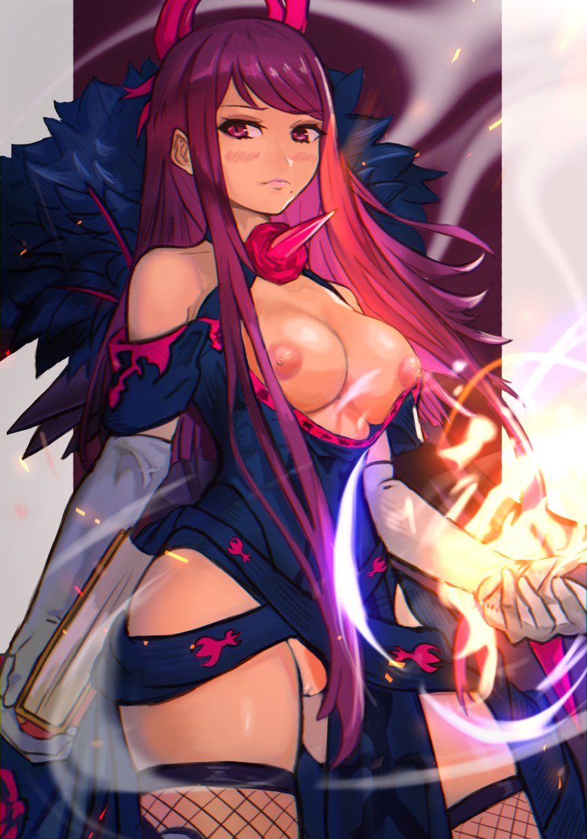 1girls bangs bare_shoulders bare_thighs beauty_mark book breasts breasts_out collarbone dress elbow_gloves exposed_pussy female female_only fire fire_emblem fire_emblem_engage fishnet_legwear fishnets gloves ivy_(fire_emblem) lipstick long_hair magic medium_breasts mole mole_under_mouth nintendo nipples pelvic_curtain pink_lips pink_lipstick purple_eyes purple_hair pussy r123 shoulders skindentation solo thighhighs thighs very_long_hair