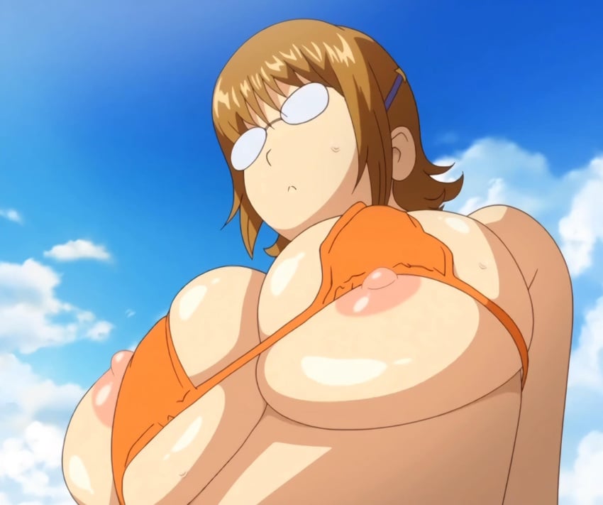 1girls areolae breasts brown_hair glasses junjou_decamelon large_breasts nipples queen_bee_(animation_studio) screencap screenshot sweatdrop swimsuit wardrobe_malfunction