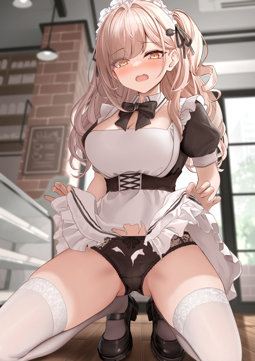 amber_eyes apron black_bow black_bowtie black_footwear black_ribbon blush bow bowtie breasts brown_eyes brown_hair commentary_request detached_collar female hair_ornament highres kneeling large_breasts long_hair looking_at_viewer maid maid_headdress monaka_curl original panties parted_lips ribbon short_sleeves side_ponytail solo surprised thighhighs thighs torn_clothes white_apron white_headwear white_thighhighs wooden_floor