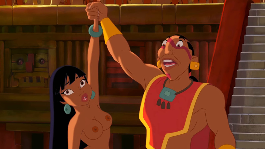 1boy 1girls black_hair breasts brown_eyes brown_skin chel cmnf dark_skin dreamworks edited_screencap enf female female_focus held_up male nipples offering suprised_look suspended the_road_to_el_dorado tzekel-khan