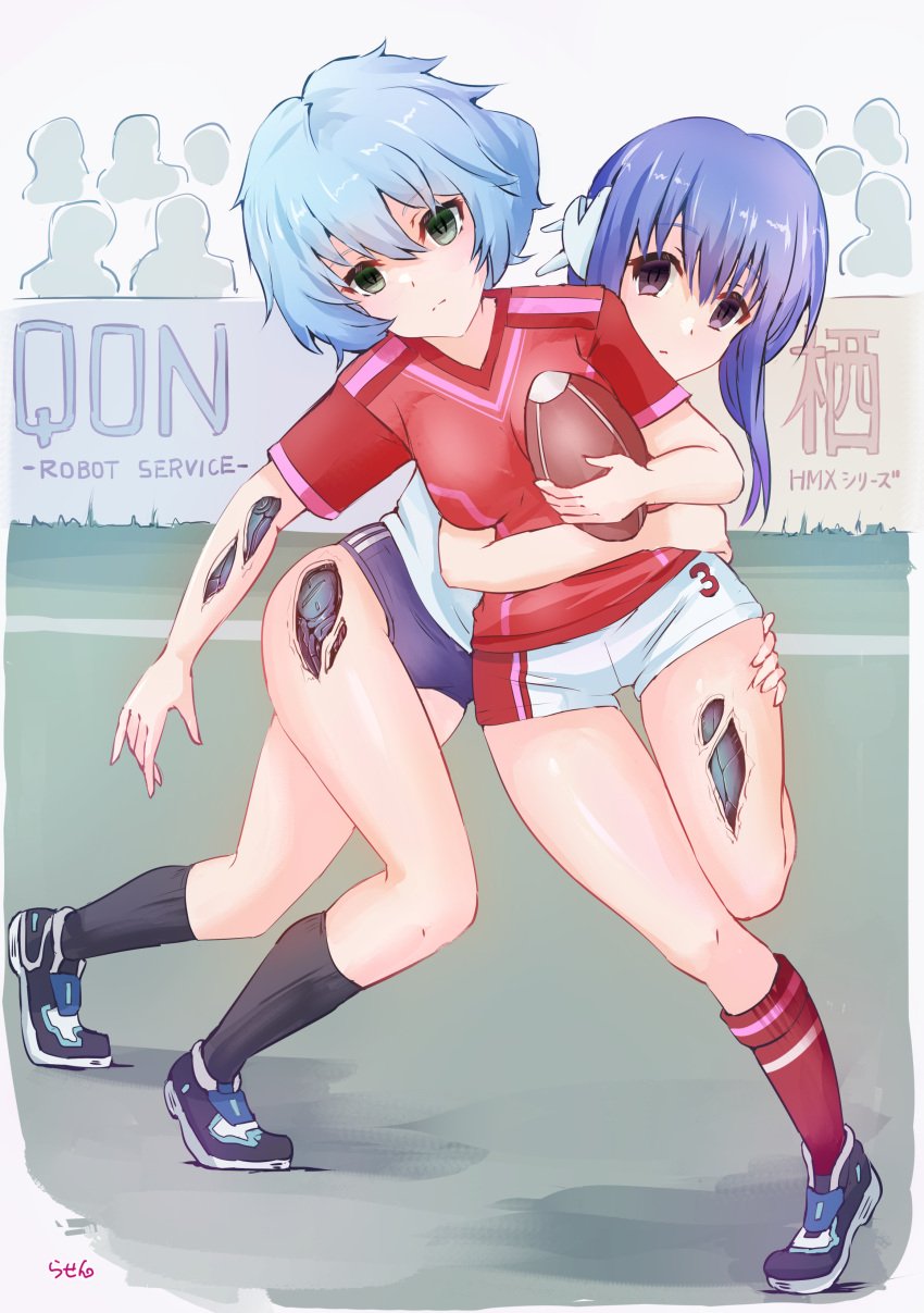 blue_eyes blue_hair dead_eyes extreme_hearts futuristic_shoes green_eyes ilfa_(to_heart) mechabare rasen_manga robot_ears robot_girl robot_humanoid robotic_arms robotic_legs robotic_reveal rugby rugby_uniform scratches short_hair soulless_eyes spots to_heart_(series) to_heart_2 to_heart_2_another_days