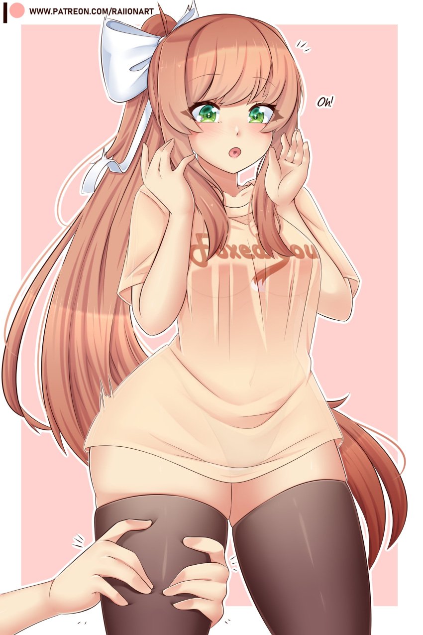 big_breasts big_hips brown_hair doki_doki_literature_club green_eyes hair_ribbon long_hair looking_at_viewer monika_(doki_doki_literature_club) raionart ribbon see-through see-through_clothing stockings tail thick_thighs thighhighs touching_thigh