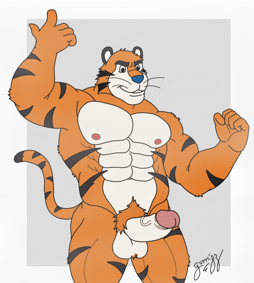 1boy abs anthro balls blue_nose casual_erection casual_nudity erection felid fingers frosted_flakes fur genitals gorrizz hi_res humanoid_genitalia humanoid_hands humanoid_penis kellogg's male male_only mammal mascot muscular muscular_anthro muscular_male nipples nude orange_body pantherine pecs penis simple_background solo stripes tiger tony_the_tiger white_body