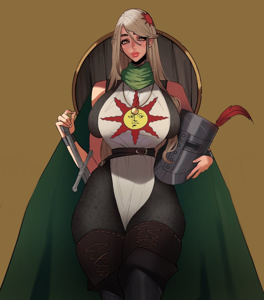 1girls big_breasts big_lips boots dark_souls fromsoftware genderswap genderswap_(mtf) helmet hourglass_figure huge_breasts long_hair pantyhose rule_63 solaire_of_astora sookidraws sword thick_thighs thigh_boots white_hair yellow_eyes