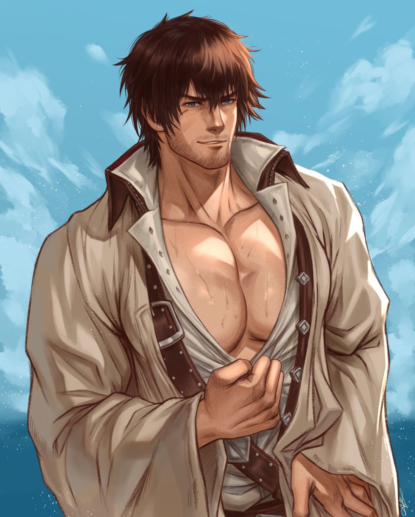 1boy adventurer_(ff14) big_pecs blue_eyes brown_hair cleavage clothed dark_hair final_fantasy final_fantasy_xiv grin himbo light-skinned_male light_skin male male_cleavage male_only open_shirt opening_shirt pecs short_hair smile smiling stubble sweat sweating warrior_of_light_(ff14) warrior_of_light_(final_fantasy_xiv)