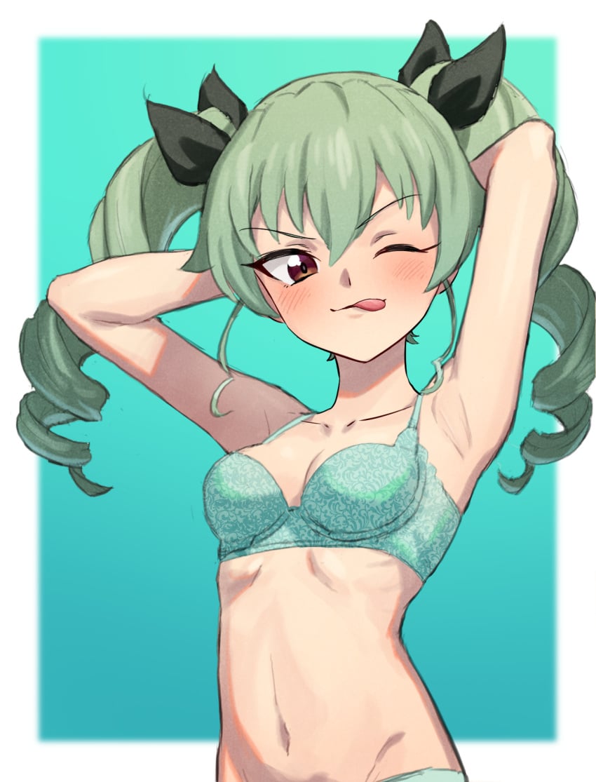 anchovy_(girls_und_panzer) armpits arms_behind_head blush bra breasts brown_eyes collarbone drill_hair female girls_und_panzer green_bra green_hair green_panties hair_ribbon lingerie long_hair looking_at_viewer navel ogi_non panties simple_background small_breasts smile solo tongue tongue_out twin_drills twintails upper_body wink