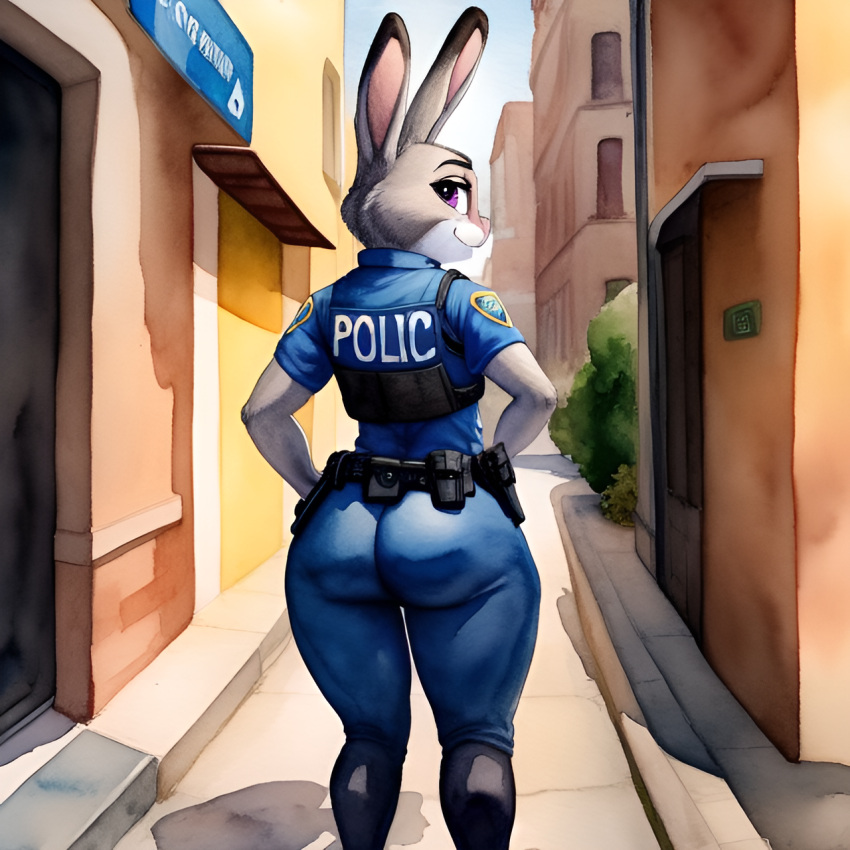 1girls 2020s 2023 ai_generated anthro ass disney female female_only frosting.ai furry judy_hopps looking_back police_uniform rabbit rabbit_humanoid scalieton self_upload tight_clothing uniform zootopia