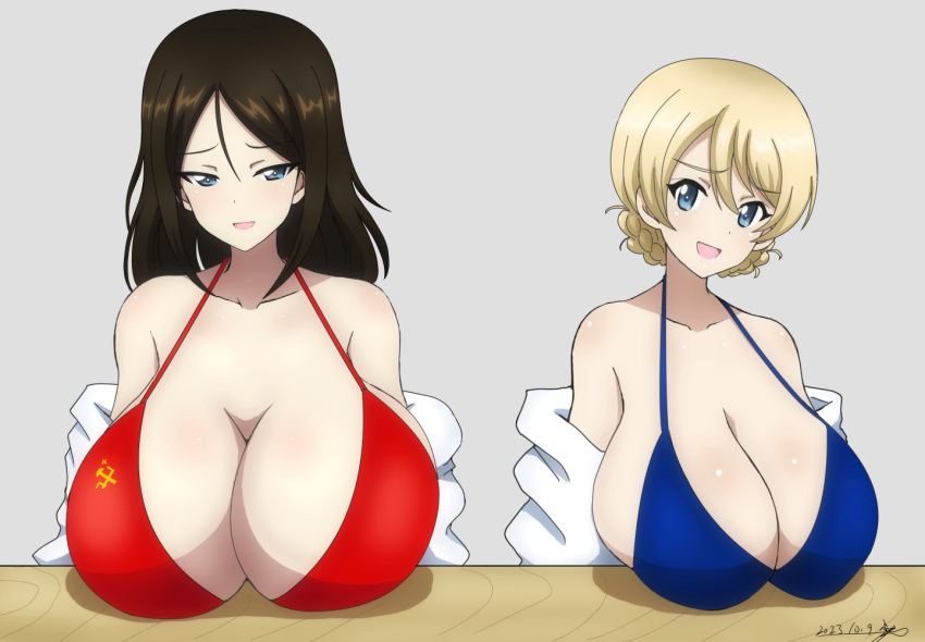 2girls bikini black_hair blonde_hair blue_bikini blue_eyes blush breasts bukkuri cleavage collarbone darjeeling dated french_braid girls_und_panzer large_breasts long_hair looking_at_viewer nonna_(girls_und_panzer) open_mouth pravda_(emblem) red_bikini smile upper_body