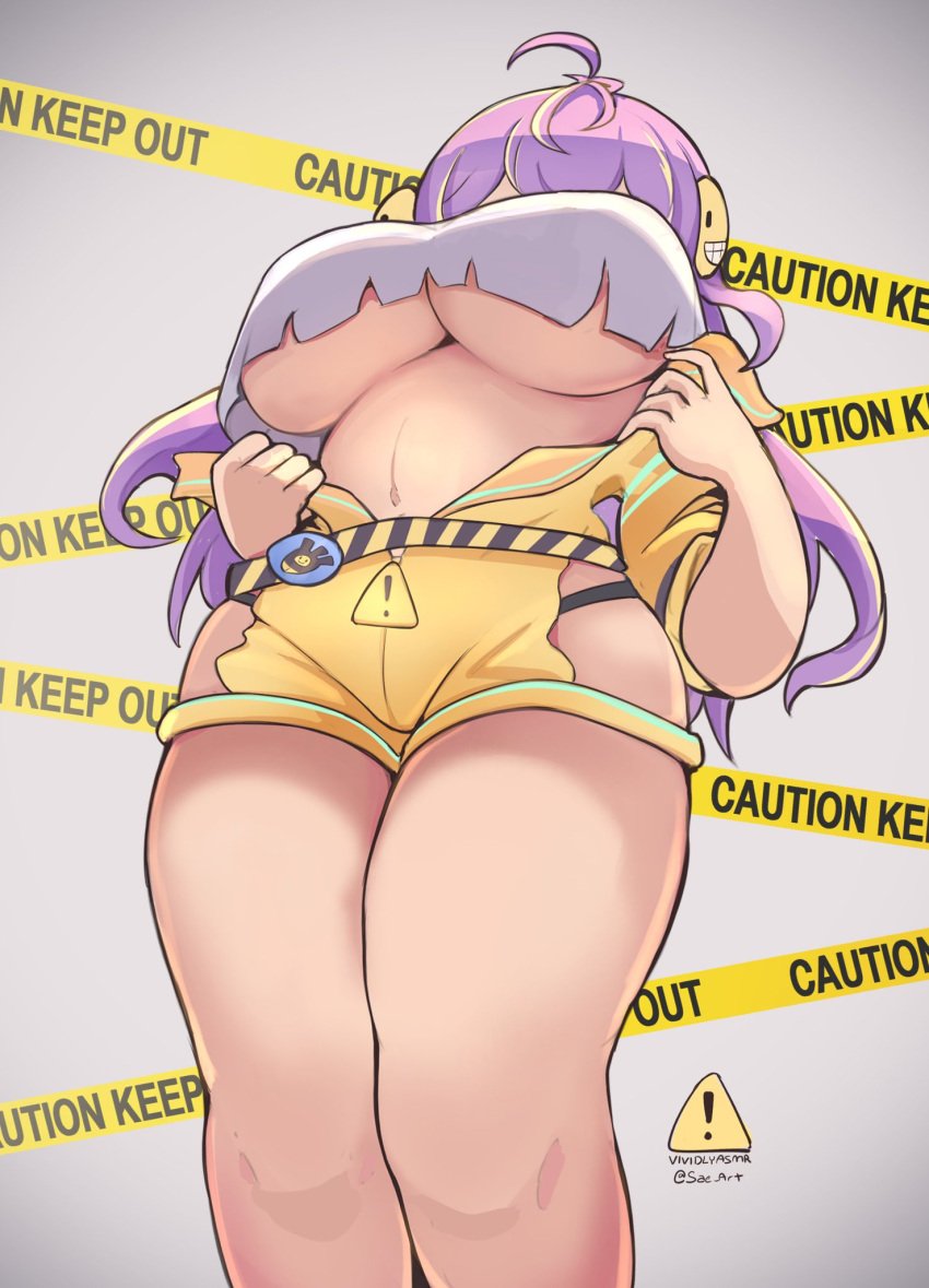 from_below headphones hip_vent huge_breasts indie_virtual_youtuber large_breasts long_hair midriff multicolored_hair open_clothes purple_hair sae_art streaked_hair tank_top thick_thighs thighs underboob virtual_youtuber vividly vividly_vivi yellow_hair