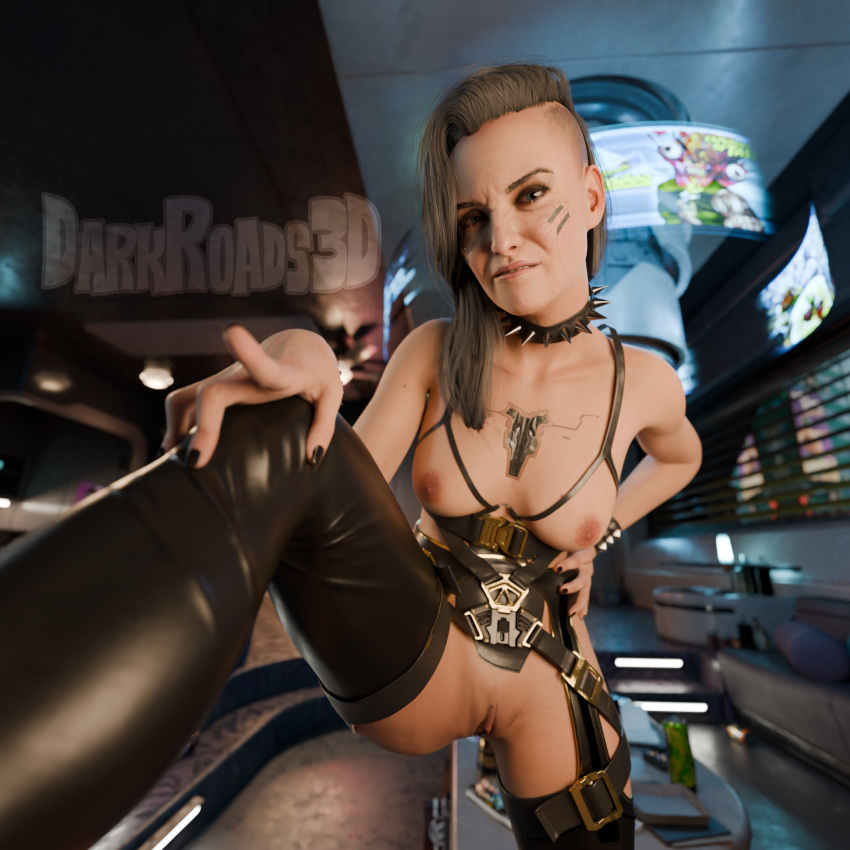 3d bdsm_gear black_nails choker cyberpunk_2077 darkroads3d latex_legwear latex_thighhighs pov_eye_contact rogue_amendiares tattoos