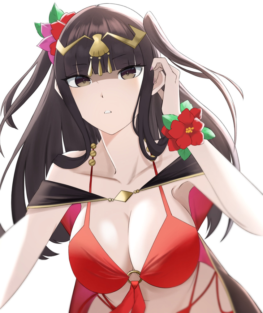 1girls alternate_costume bikini black_hair blunt_bangs breasts brown_eyes female female_only fire_emblem fire_emblem_awakening fire_emblem_heroes flower hair_flower hair_ornament highres large_breasts long_hair looking_at_viewer nintendo official_alternate_costume ondur parted_lips red_bikini red_swimsuit solo swimsuit tharja_(fire_emblem) tharja_(summer)_(fire_emblem) twintails white_background