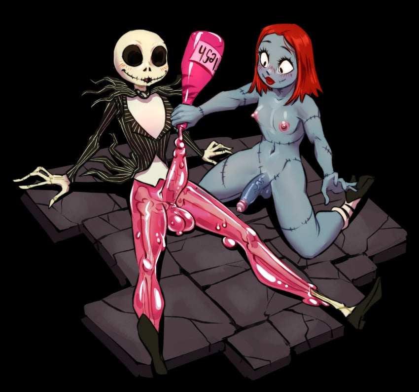 animated_skeleton balls blue_body blush bone clothing duo femboy footwear ftm_crossgender genderswap_(ftm) genitals hair hi_res high_heels humanoid jack_skellington kneeling male male/male male_only navel nightmare_before_christmas nipples not_furry penis red_hair ripushko rule_63 sally_(the_nightmare_before_christmas) sally_(tnbc) skeleton slime smile the_nightmare_before_christmas undead