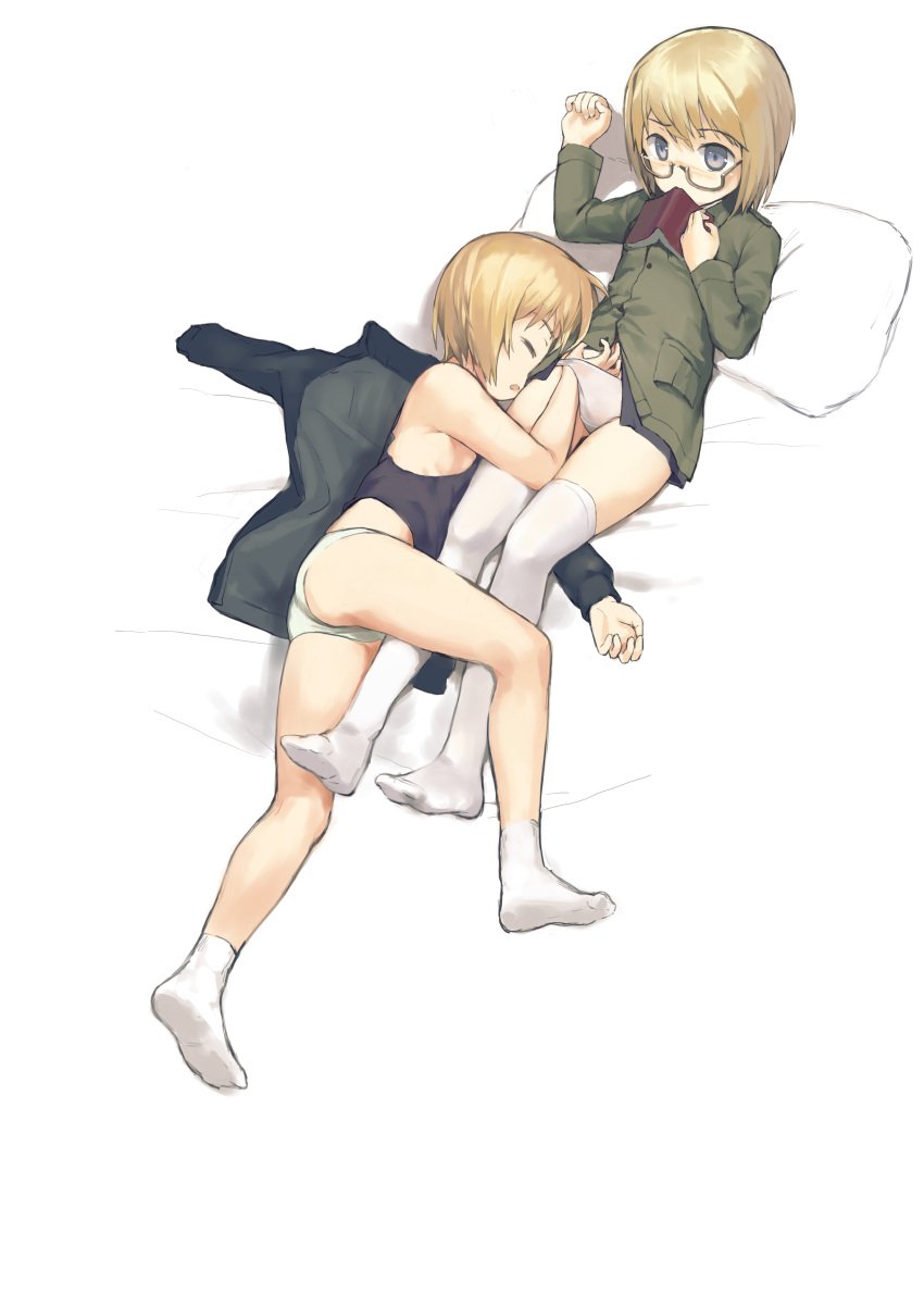 2girls blonde_hair blue_eyes book closed_eyes erica_hartmann green_panties lying multiple_girls on_bed open_book over-kneehighs panties siblings simple_background sisters socks strike_witches thighhighs underwear ursula_hartmann white_background white_panties white_socks world_witches_series zhongye_yu