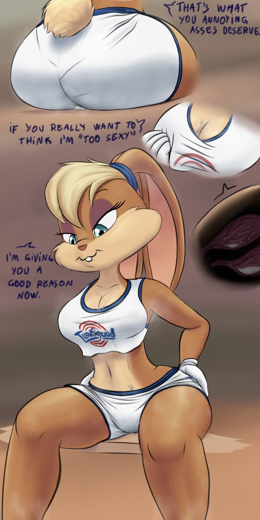 anthro ass_crush asscrush boob_crush boob_vore breast_crush breast_vore butt_crush buttcrush cappeseller dialogue entrapment femdom furry giantess giantess_entrapment izzyrain lola_bunny macro micro rabbit size_difference size_play tiny_men tit_vore vore