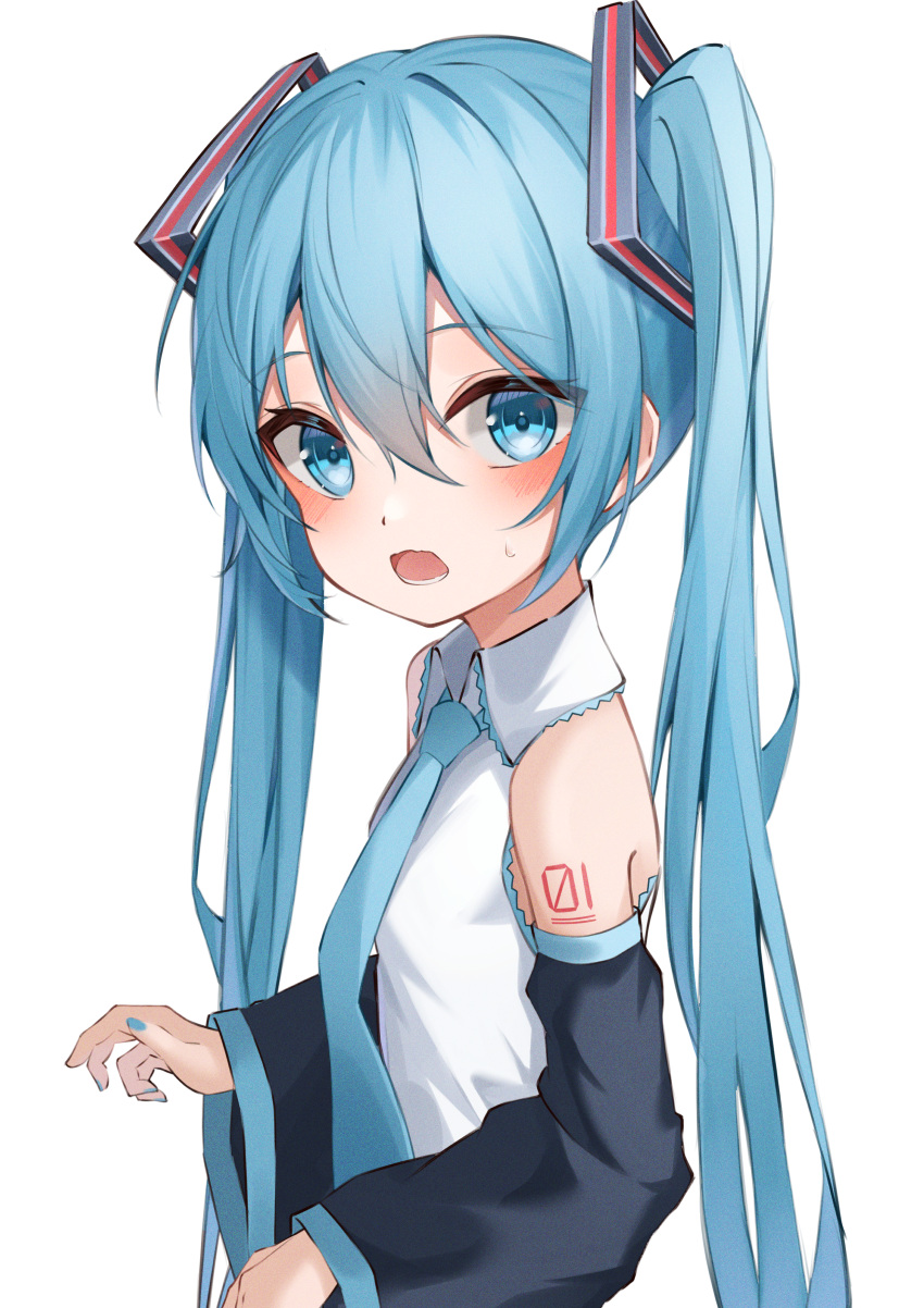 absurdly_long_hair absurdres aqua_eyes aqua_hair aqua_necktie black_sleeves blush detached_sleeves female from_side hair_between_eyes hatsune_miku highres long_hair looking_at_viewer necktie not_porn number_tattoo open_mouth ryaru_ryaru safe safe_for_work sfw shirt shoulder_tattoo simple_background sleeveless sleeveless_shirt tattoo teeth twintails upper_body very_long_hair vocaloid white_shirt