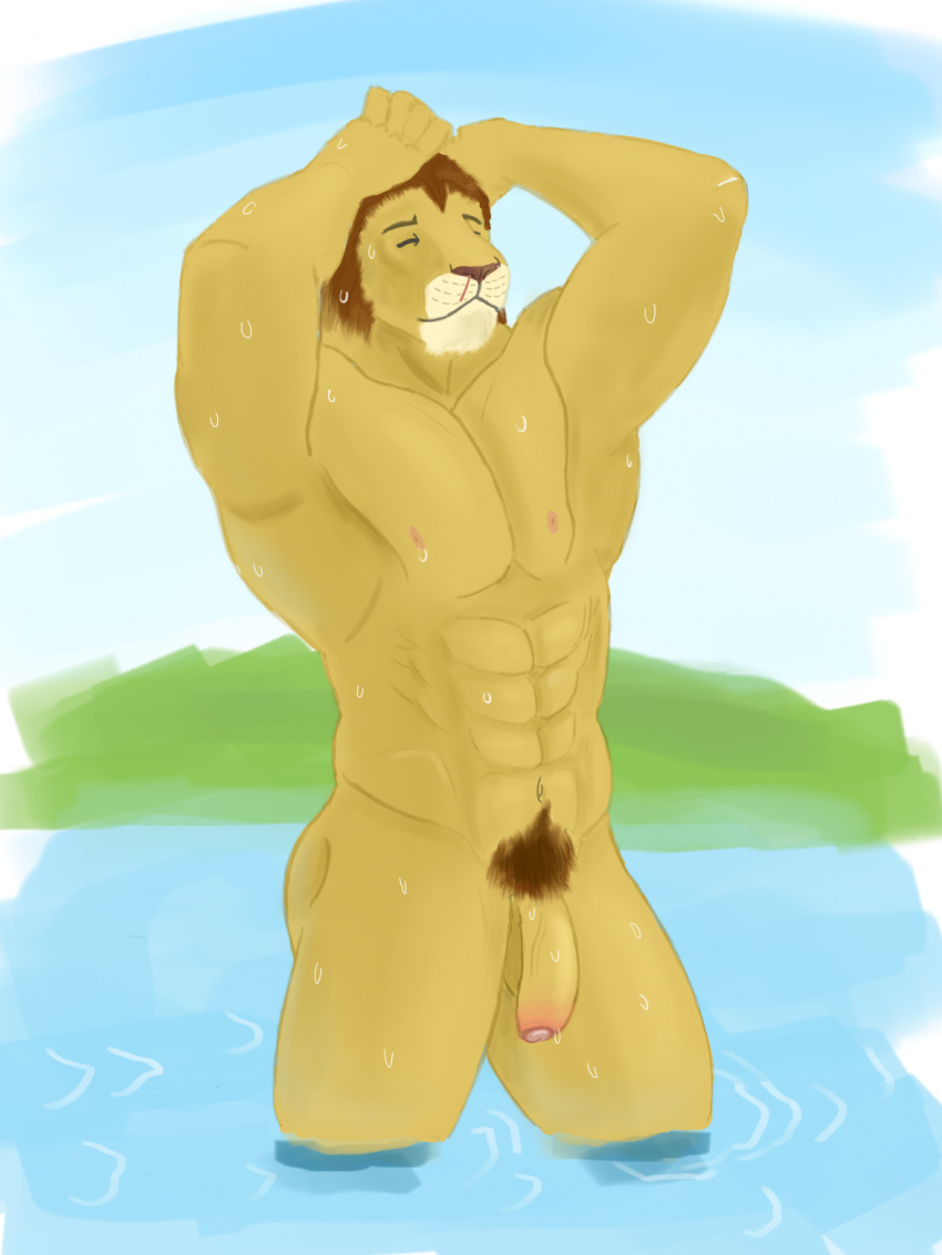 abs anthro balls bathing casual_nudity felid feline fingers flaccid foreskin fur genitals hi_res humanoid_genitalia humanoid_hands humanoid_penis leo_sus_art lion male mammal muscular muscular_anthro muscular_male nature nature_background nipples nude outdoor_nudity outside pantherine pecs penis simple_background solo water wet