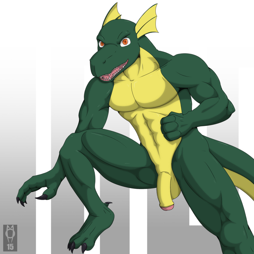 abs anthro balls barefoot countershading deltoids dragon feet flaccid foreskin forsen_(artist) genitals glans green_body green_scales hi_res humanoid_genitalia humanoid_hands humanoid_penis looking_at_viewer male multicolored_body multicolored_scales muscular muscular_anthro muscular_male non-mammal_balls nude open_mouth orange_eyes penis pink_glans quads scales scalie simple_background solo tail toes tongue two_tone_body two_tone_scales yellow_body yellow_countershading yellow_scales