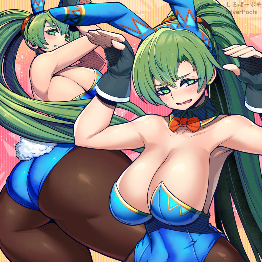 1girls 2023 alternate_costume artist_name ass bare_shoulders blush bow bowtie bunny_ears bunny_girl bunny_tail bunnysuit cleavage ear_piercing earrings embarrassed fake_animal_ears female female_only fingerless_gloves fire_emblem fire_emblem:_the_blazing_blade gloves green_eyes green_hair hair_ornament kara_age large_ass large_breasts light-skinned_female light_skin long_hair lyn_(fire_emblem) nintendo open_mouth ponytail solo watermark