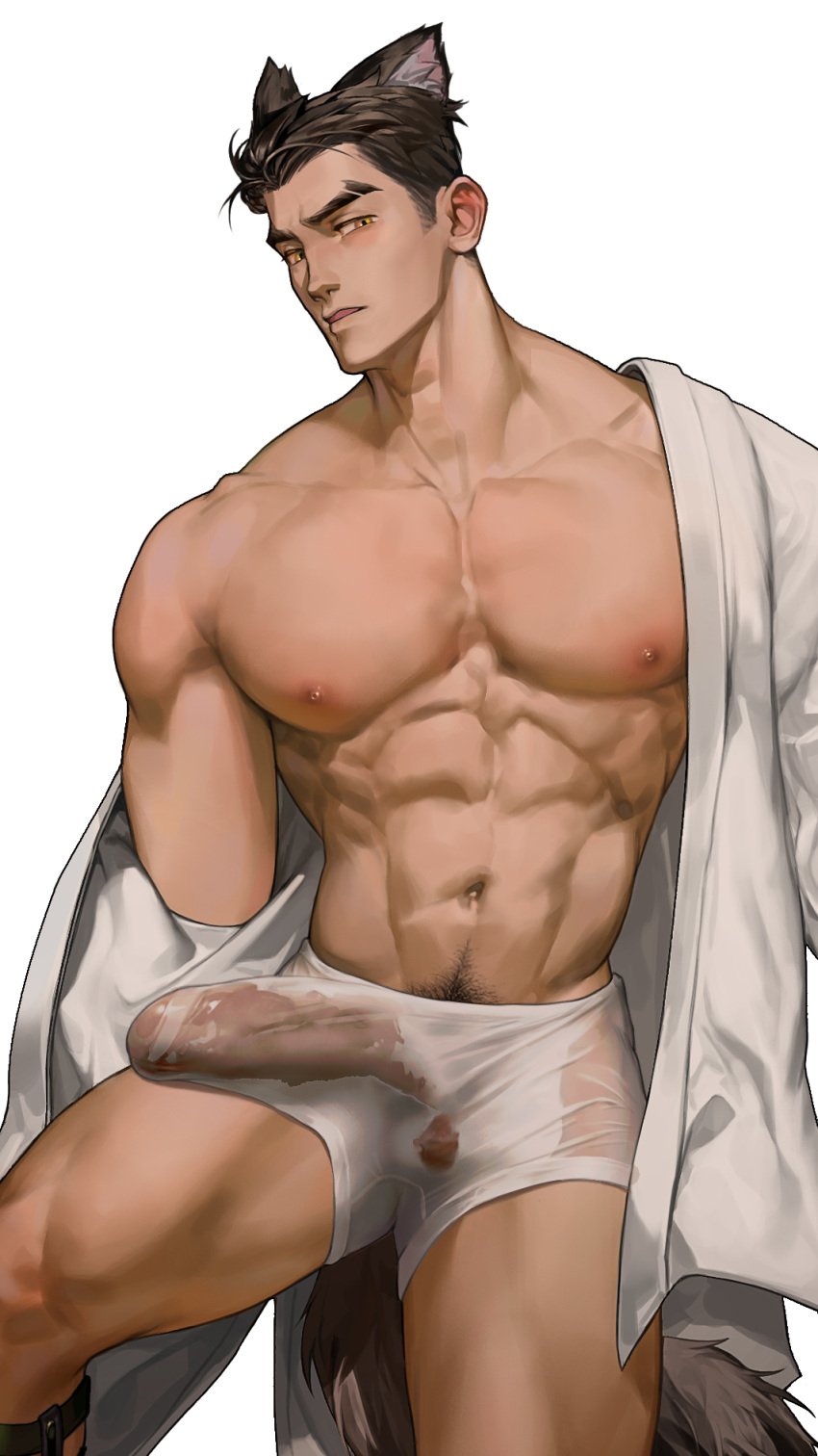 1boy abs animal_ears bara bare_pectorals black_hair bulge dog_boy dog_ears dog_tail erection erection_under_clothes highres large_pectorals looking_at_viewer male male_focus male_underwear muscular muscular_male nanyu1998 navel nipples open_clothes original pectorals see-through shirt short_hair solo tail underwear white_male_underwear white_shirt