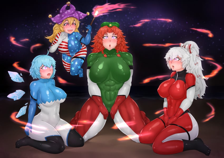 abs bodysuit chanary cirno clownpiece fujiwara_no_mokou hong_meiling huge_breasts hypnosis large_breasts latex navel thick_thighs touhou wide_hips