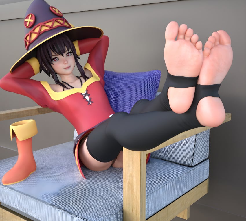 3d 3d_(artwork) feet feet_up foot_fetish foot_focus footwear kono_subarashii_sekai_ni_shukufuku_wo! legs legs_up light-skinned_female megumin panties petite red_eyes shaohuu soles stirrup_legwear stirrups toes upskirt