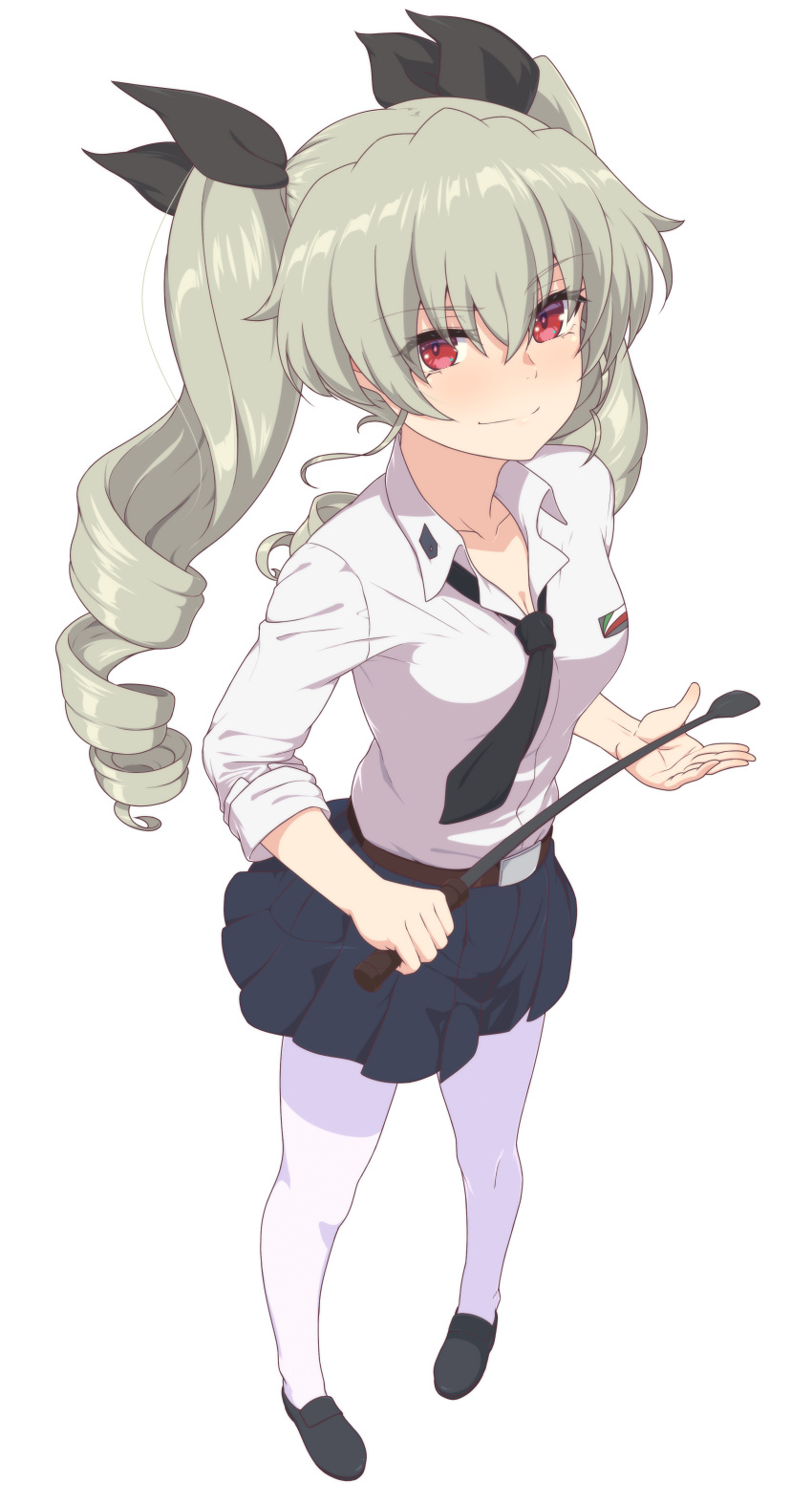 ada_badguy anchovy_(girls_und_panzer) anzio_(emblem) anzio_school_uniform belt black_footwear black_necktie black_ribbon black_skirt blush breasts cleavage dress_shirt drill_hair emblem female full_body girls_und_panzer green_hair hair_ribbon holding_riding_crop loafers long_hair long_sleeves looking_at_viewer necktie pantyhose pleated_skirt red_eyes ribbon riding_crop school_uniform shirt shoes simple_background skirt sleeves_rolled_up smile solo standing twin_drills twintails white_background white_pantyhose white_shirt