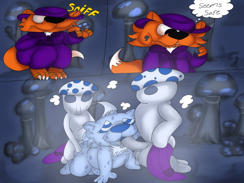 anthro blue_body canid canine forced fox fungus fur glowing glowing_body group hi_res hypnosis jay_(jaythefox333) jaythefox333 male male/male mammal mind_control mushroom orange_body orange_fur painted_background pimp terraria transformation trio truffle_(terraria) undressed