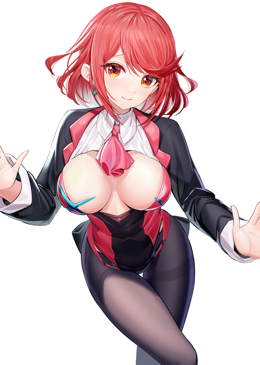 alternate_costume covered_nipples earrings exposed_breasts huge_breasts looking_to_the_side necktie outfit pantyhose pyra ririko_(zhuoyandesailaer) smile suit thighs xenoblade_chronicles_2