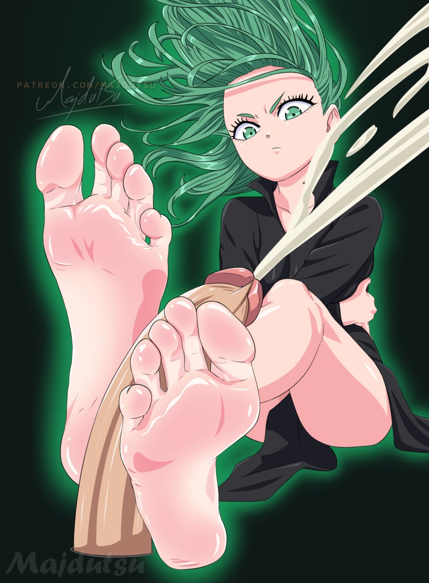 1girls barefoot big_penis cum disembodied_penis ejaculation erection feet footjob greek_toe green_eyes green_hair long_toes majdutsu meaty_soles one-punch_man penis short_hair soles tatsumaki toes