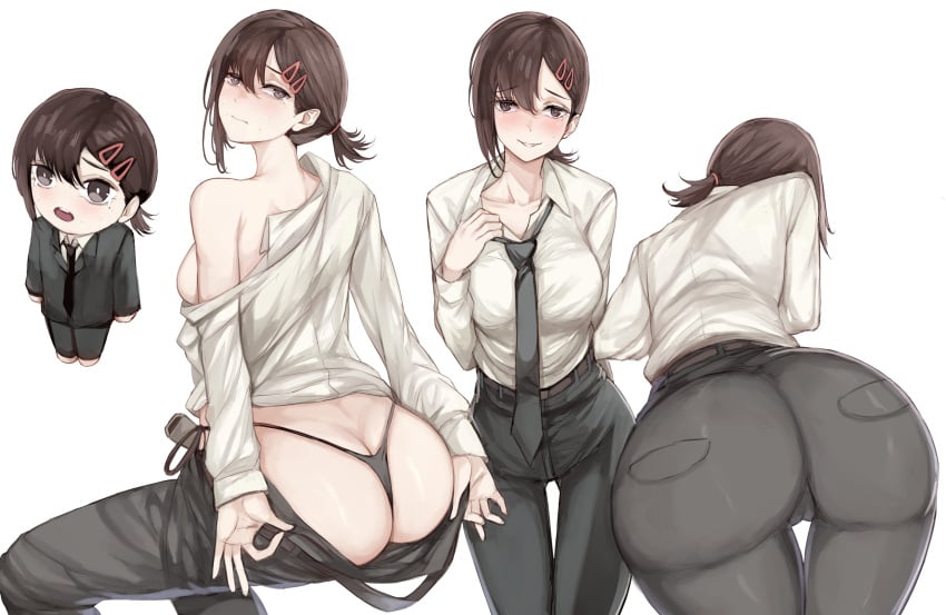 absurdres ass black_necktie black_pants black_suit breasts brown_eyes brown_hair business_suit butt_crack chainsaw_man chibi chibi_inset clothes_pull collared_shirt english_commentary female hair_ornament hairclip higashiyama_kobeni highleg highleg_panties highres medium_breasts medium_hair multiple_views necktie no_bra nui_gurumi off_shoulder panties pants pants_pull pulled_by_self shirt short_ponytail sideboob single_sidelock suit swept_bangs thong underwear white_background white_shirt