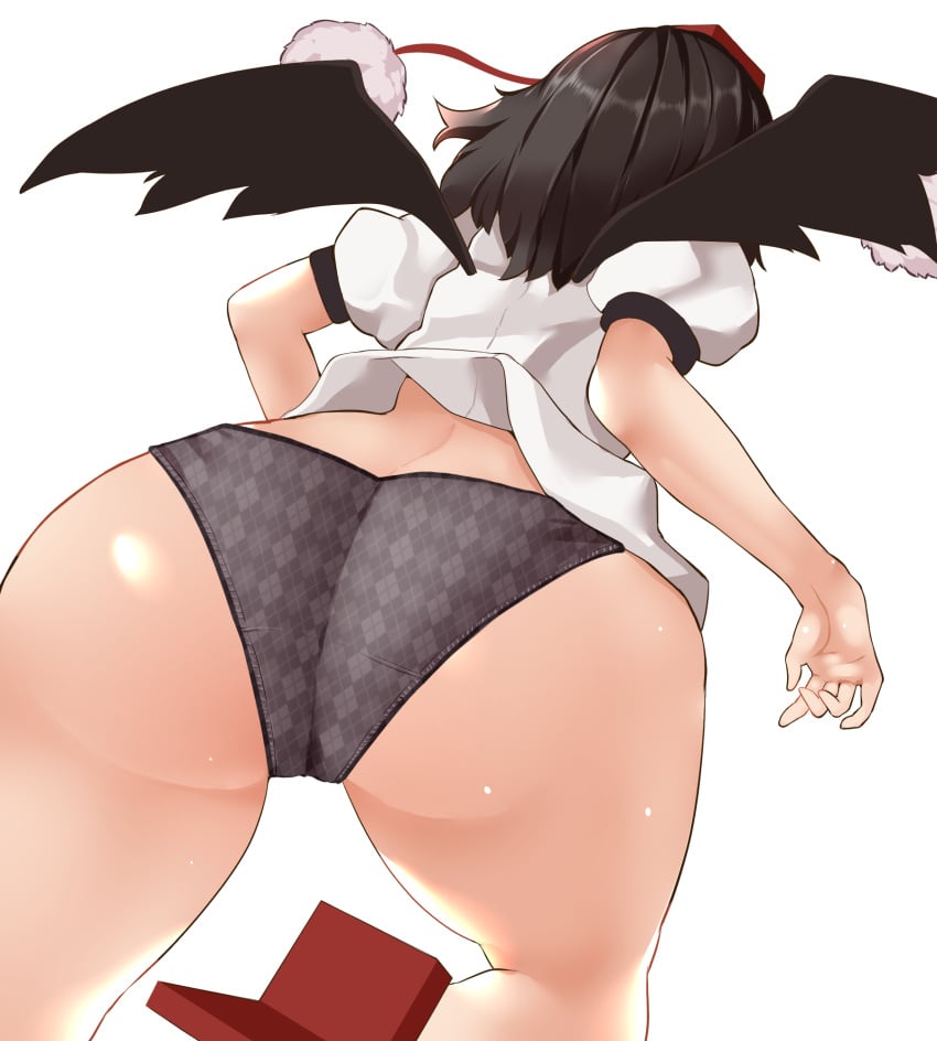 argyle argyle_panties ass ass_focus black_hair black_panties black_wings commentary_request female from_behind fujiko_(emnprmn) geta hat highres no_pants panties plaid plaid_panties puffy_short_sleeves puffy_sleeves shameimaru_aya shiny_skin short_sleeves solo tengu-geta tokin_hat touhou underwear white_background wings