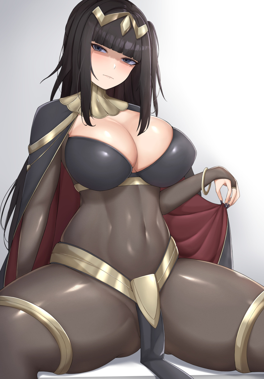 1girls absurdres black_bra black_cape blunt_bangs bodystocking bodysuit bra bracelet breasts bridal_gauntlets brown_bodysuit cape cape_lift cleavage covered_navel cowboy_shot female female_only fire_emblem fire_emblem_awakening gold_trim gradient_background head_tilt highres jewelry large_breasts long_hair looking_at_viewer nintendo pelvic_curtain sharen sidelocks simple_background sitting skin_tight skindentation solo spread_legs tharja_(fire_emblem) thick_thighs thighlet thighs tiara underwear